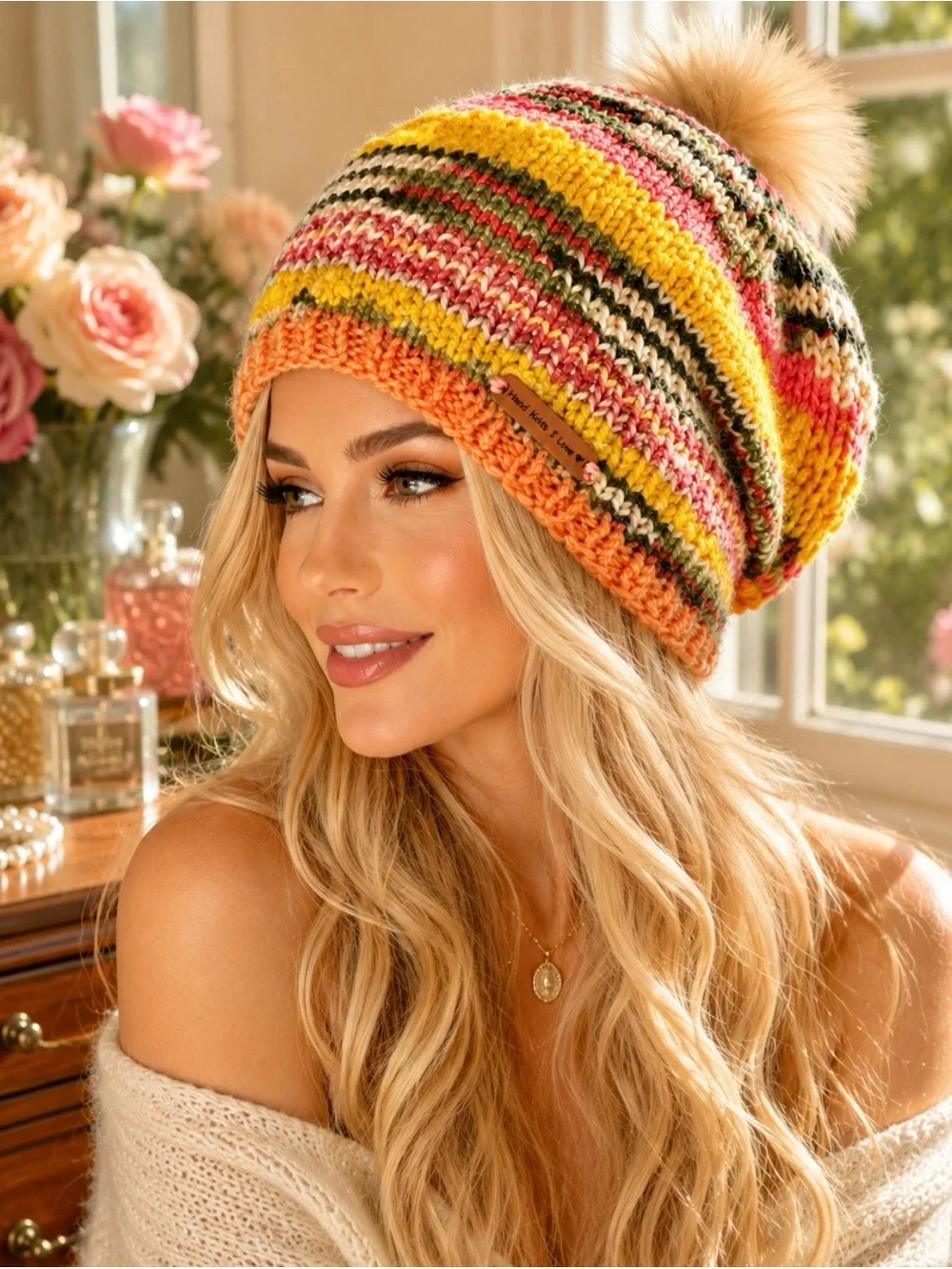 Beanie Slouch by Hand Knits 2 Love Rainbow Designer Faux Fur Pom Pom Hip Fun Cap
